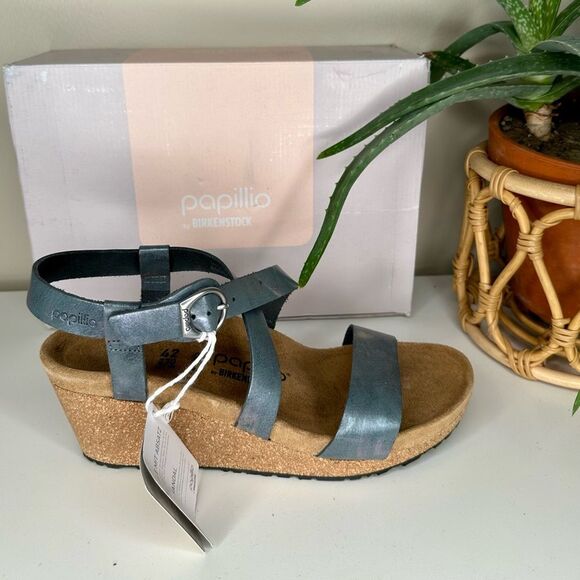 Birkenstock Papillio Sibyl Ring Buckle Metallic Black Leather Wedge Sandals 11 - Picture 7 of 12